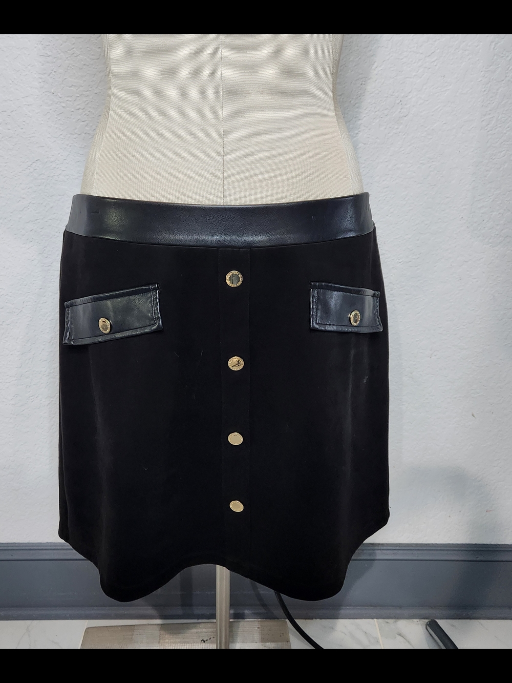 Black Mini Skirt with Faux-Leather Trim and Gold Buttons